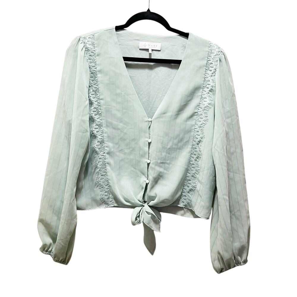 WAYF Where Are You From Puff Sleeve Blouse Mint Green Button Front Lace V-Neck M